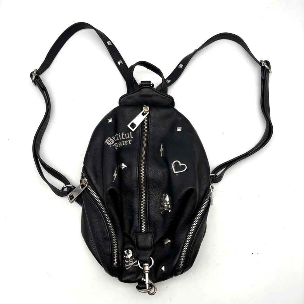 Vintage 00s Y2K Beautiful Disaster Black PU Leather Charm Studded Backpack Purse